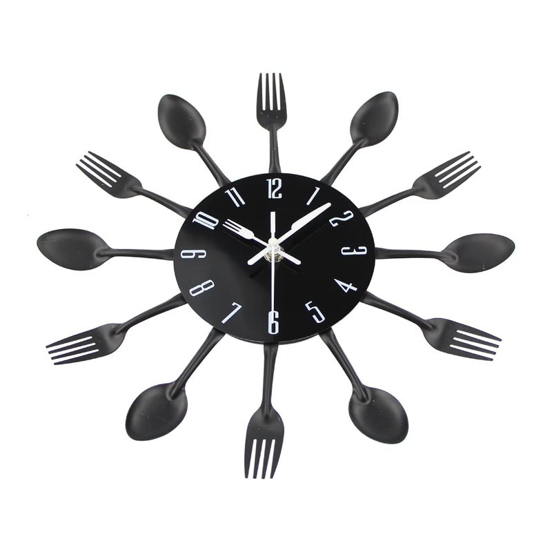 Timelike Kitchen Wall Clock, 3D Removable Modern Creative Cutlery Kitchen Spoon Fork Wall Clock Mirror Wall Decal Wall Sticker Room Home Decoration (Black) - Image 4